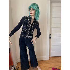 1970s 70s vintage navy suede pant suit Roncelli studs studded set jacket crop XS